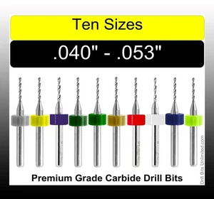 Drill Bit Set -10 Sizes #60 #57 1.12mm 1.15mm #56 1.2mm 1.25mm 1.3mm #55 1.35mm - Picture 1 of 5