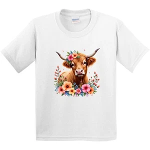 Inktastic Cute Highland Cow With Roses Floral Scottish Farm Youth T-Shirt Boho - Picture 1 of 4