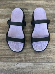 Crocs Women’s Size 8 Cleo Double Strap Black & Purple Slide Sandals - Picture 1 of 8