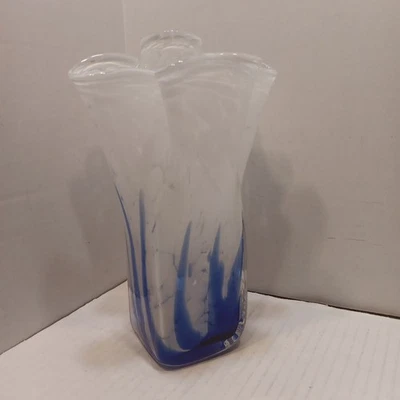 Hand Blown Blue and White Glass Vase 8 1/2 inches tall. Murano Like - Image 1 of 4