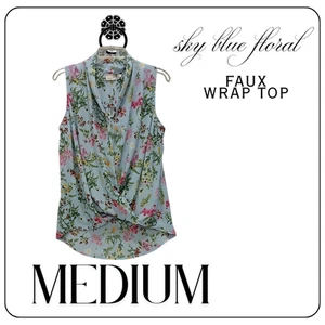 Everleigh Faux Wrap Top Womens Medium Blue Floral Sleeveless Hi Low Hem Blouse - Picture 1 of 4