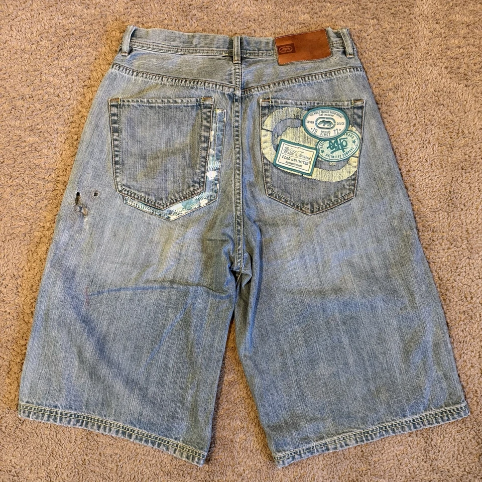 "Pantalones cortos de mezclilla Ecko Unitd para hombre 32"" calce holgado bordados ropa de calle azul" Foto 1 de 4