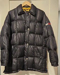 Tommy Hilfiger Down Puffer Jacket Womens Medium Black Quilted Zip Snap Flag - Picture 1 of 13