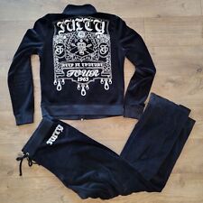 Vintage Y2K Black Velour Juicy Couture Tracksuit Set Silver Print Jacket + Pants