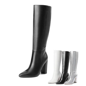 Women Chunky Knee High Boots Heel Pointed Toe Tall Boots Side Zipper Long Boots - Picture 1 of 14