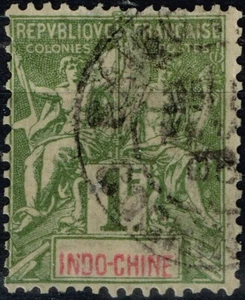 TIMBRE INDOCHINE TYPE GROUPE 1F OLIVE N° 15 OBLITERATION CACHET A DATE - Picture 1 of 1