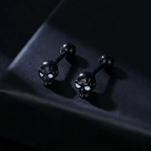 Men's Gothic Punk Black Skull Skeleton Screw Back Stud Earrings Stainless Steel - Picture 1 of 2