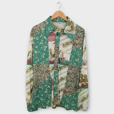 Camisa discoteca vintage de los años 70 para hombre talla XL cuello Daggar estampado abstracto por todas partes” Foto 1 de 4