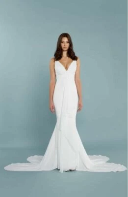 KATIE MAY Ivory White Mykonos Twist Crepe de Chin Mermaid Maxi Wedding Gown L 10 - Image 1 of 4