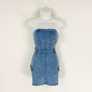 } Sexy stretch denim strapless mini summer dress size 10 - Picture 1 of 5