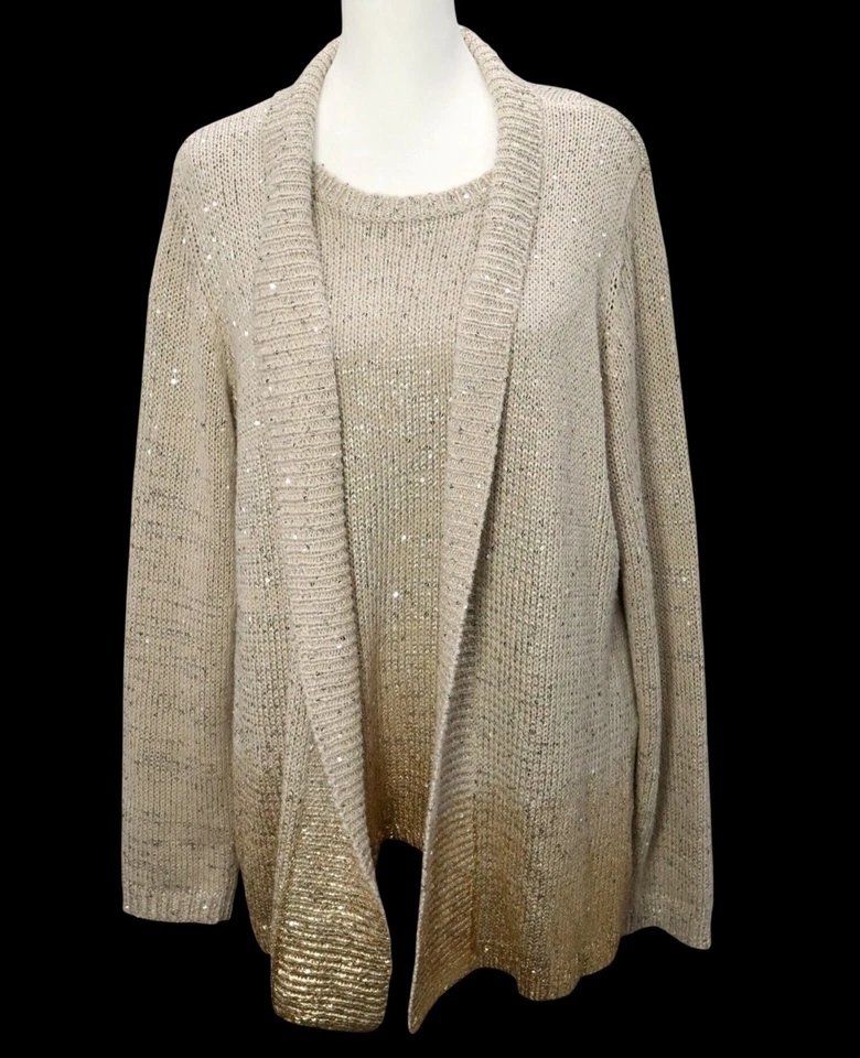 Chico's бежевый и золотой омбре блестки свитер кардиган Sz 3 и свитер бак Sz 2 - Изображение 1 из 4