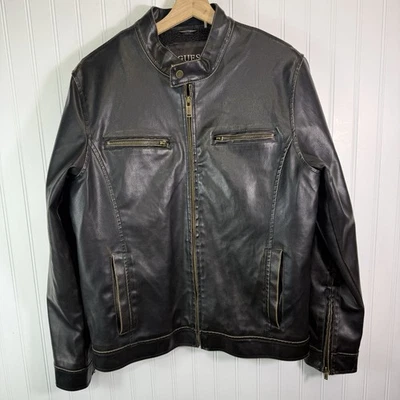 Chaqueta Guess Moto Marrón Imitación Cuero Para Hombres M Cremallera Banda Cuello Sherpa Forrado Abrigo Foto 1 de 4