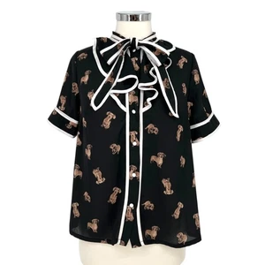 The Moon Dachshund Dog Print Bow Neck Retro Style Blouse Black Size Large - Picture 1 of 22