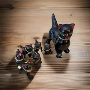 Vintage Black Mother Cat & Kittens Chained Japan Atlas Cermaic Figuren RAR - Bild 1 von 5