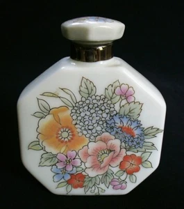 NEW~Octagon~PORCELAIN~Perfume Bottle~MULTI COLOR FLOWERS~Gold~2 1/2"x3 1/4" - Picture 1 of 7