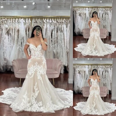 Champagne Wedding Dresses Off Shoulder Mermaid Lace with Train Bridal Gowns - Image 1 of 4