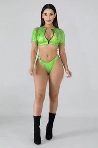2 PC Neon Green Zip Crop V Shape Bikini Snake Print Fashion Swim Bathing Suit - Picture 1 of 5