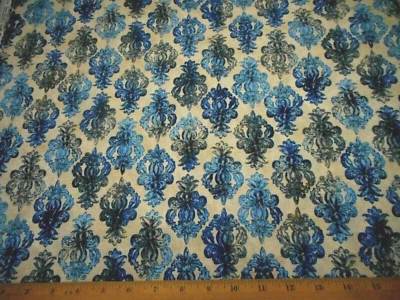Civil War Reproduction Fabric By Yard SALE Blue Scrolls Beige Premium Cotton #PC - Image 1 of 2