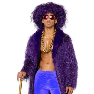 Pimp Costume Faux Fur Coat Metallic Long Sleeves Oversized Hat Purple 6200 - Picture 1 of 6
