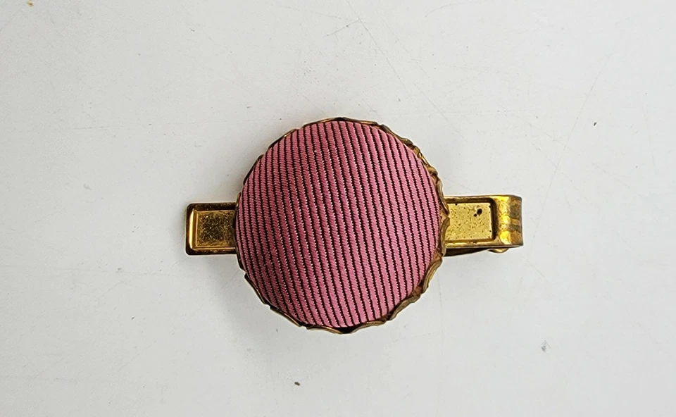 Vintage Gold Pink Fabric Upholstery Button 1 1/2 1.5" Tie Bar Clip Clasp Antique - Image 1 of 4