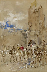 Ernest Crofts RA, Cavaliers on Horseback at the Gate – late C19th watercolour - Picture 1 of 3
