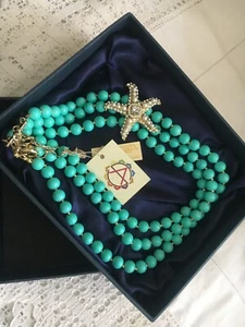 rhinestone pearl starfish NECKLACE Amrita Singh 3row turquoise glass beads bnib - Picture 1 of 8