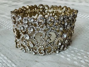 Gold Plated Clear Crystal Rhinestone Wedding Bangle Cuff Stretch Bracelet Prom - Picture 1 of 11