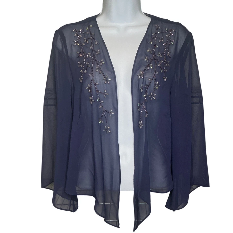Chaqueta bolero vintage SL Fashions para mujer con cuentas azul marino transparente frente abierto talla 18 Foto 1 de 4