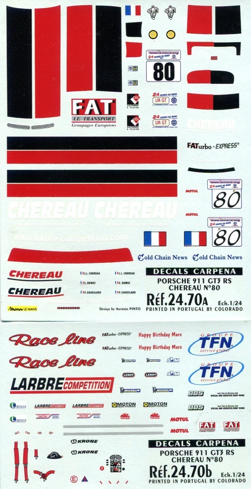 PORCHE 996 GT3 N° 80 LE MANS 2001 LARBRE COMPETITION DECALS CARPENA  1/24 - Immagine 1 di 1