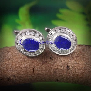 Natural Lapis Lazuli & CZ Gemstones with 925 Sterling Silver Men's Cufflinks #84 - Picture 1 of 9