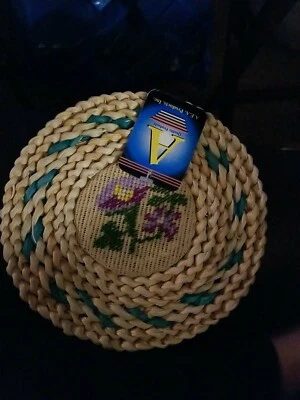 Set of 4 Wicker Trivets with Floral Needlepoint Embroidery 7" Round Rustic Boho  - Image 1 of 4