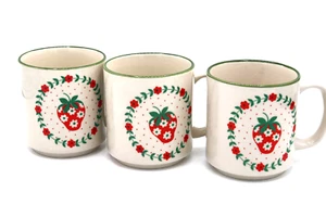 Vintage Strawberry Mug Flower Wreath Polka Dot Cottage Core Stoneware Green Rim  - Picture 1 of 2