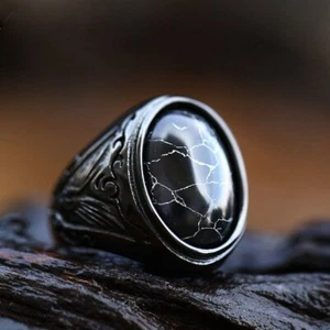 Vintage Black Turquoise Stone Wedding Ring Stainless Steel Men's Biker Punk Ring - Picture 1 of 4