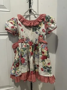 Vintage Kate Greenaway Girls Sz 5 Floral Dress red Gingham Double Bows In Back - Picture 1 of 11