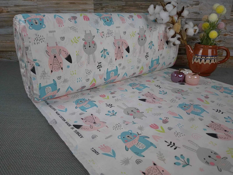 240cm Popeline Baumwollstoff Meterware Stoffe Tier Fuchs Hase Blüte Kindermuster - Bild 1 von 1