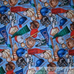BonEful Fabric FQ Cotton Quilt Blue Red White American Boy Baseball Bat School L - Picture 1 of 12