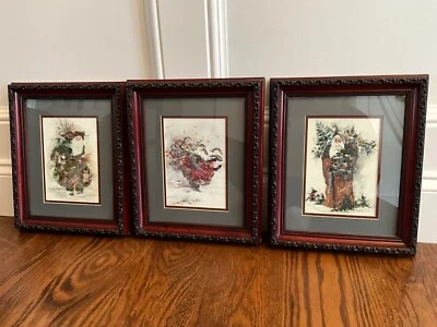 Lot of 3 Peggy Abrams Signed Santa Prints 12” x 10” Matted & Framed+Glass - Image 1 of 4