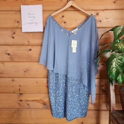 Vestido J Kara Nuevo con Etiquetas Cuello Redondo Corto Cóctel Cuentas Lentejuelas Azul Polvoriento Talla Grande 22 Foto 1 de 4
