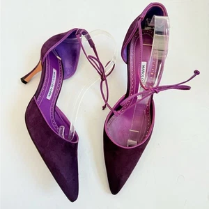 Manolo Blahnik Ciruela Púrpura Gamuza Cuero Leyan 70mm Corbata al Tobillo Bombas EU 40.5 - Imagen 1 de 10