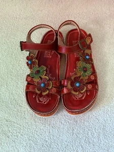 L'Artiste Spring Step Goodie Sandals Women's Sz 39 US 7.5-8 Red Colorful Boho - Picture 1 of 6