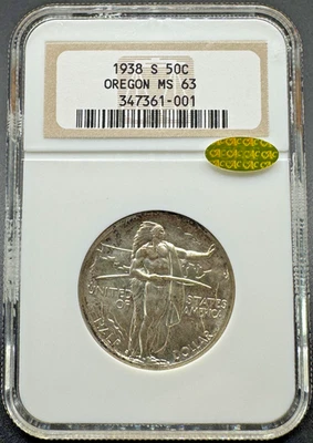 1938-S OREGON TRAIL COMMEMORATIVE SILVER HALF DOLLAR NGC MS63 GOLD CAC 9XEG25 - Image 1 of 4