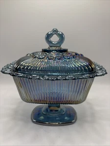 Indiana Blue Iridescent Lace Edge Carnival Glass Pedestal Candy Dish - 1960s - Picture 1 of 15
