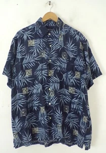 NAUTICA Mens Hawaiian Shirt Large Blue Floral Leaf Print Linen Blend Summer  - Picture 1 of 4