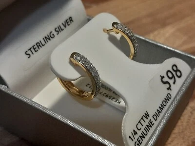 Pendientes Diamantes 1/4 ct Plata con Superposición de Oro "Vermeil" ¡¡NUEVOS!! ¡HELADO! Foto 1 de 4