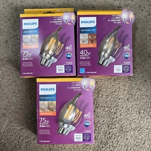 Philips 75W BA11 LED Bent Tip Filament Bulb E12 Candelabra 2700K Dim (3BOX of 3 - Picture 1 of 6