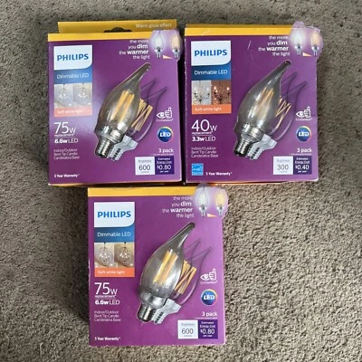 Philips  75W BA11 LED Bent Tip Filament Bulb E12 Candelabra 2700K Dim (3BOX of 3 - Image 1 of 4