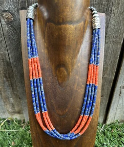 Sterling Silver Multi Strand Lapis Orange Bamboo Coral Bead Necklace. 22 Inch - Picture 1 of 12