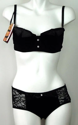 NUEVO Conjunto de Lencería Coquette 2 Piezas: Sujetador de Pana y Encaje Negro y Bragas Botín L Foto 1 de 4