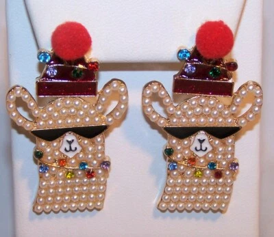 Christmas Llama Earrings-Rhinestones-Faux Pearls-Pierced-New - Image 1 of 4