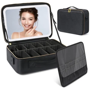 Makeup Bag with LED Mirror larg Storage Box Organizer Cosmetic Travel Beauty Bag - Picture 1 of 35